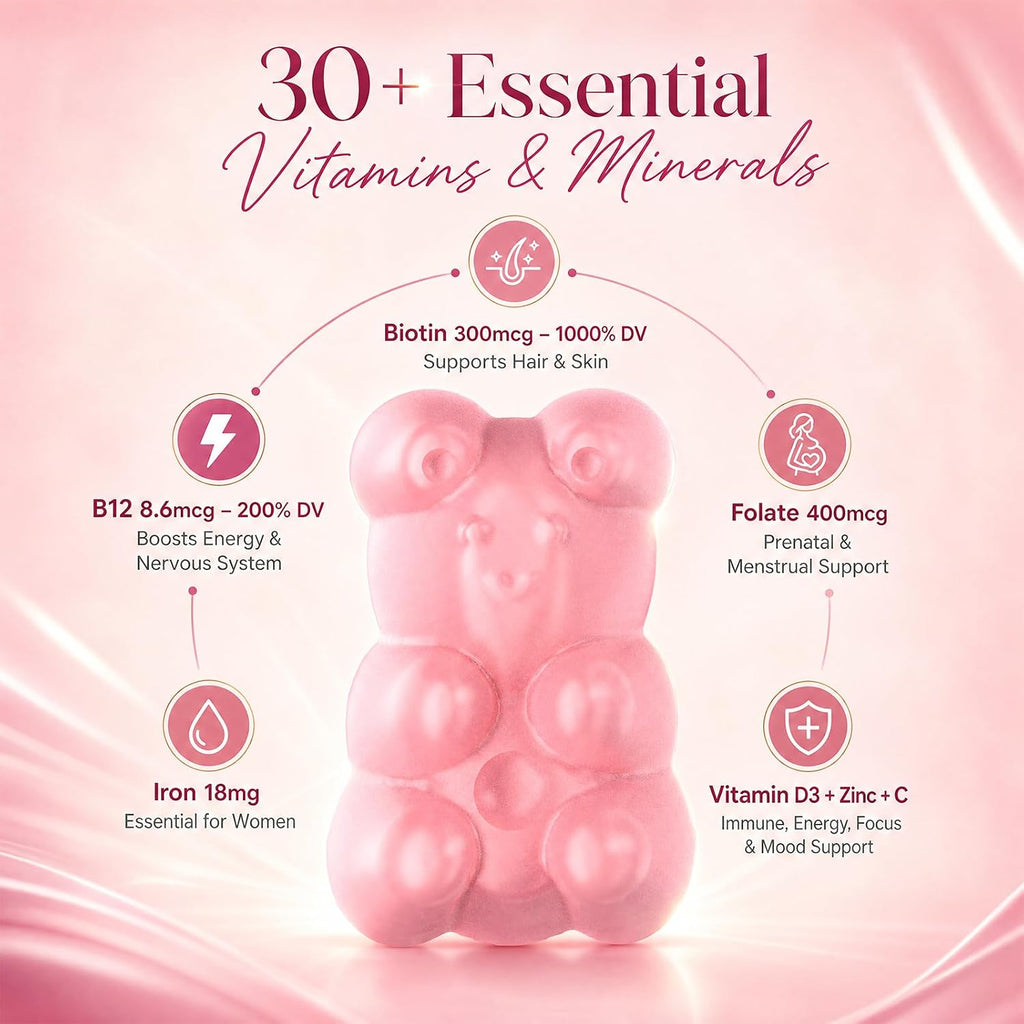 Vccvaa Gominolas Multivitamínicas Sin Azúcar para Mujeres 14+ con Hierro, Inositol, Folato, Vitaminas A C D3 E B12 K2, Mezcla de Hierbas y Minerales – 60 unidades