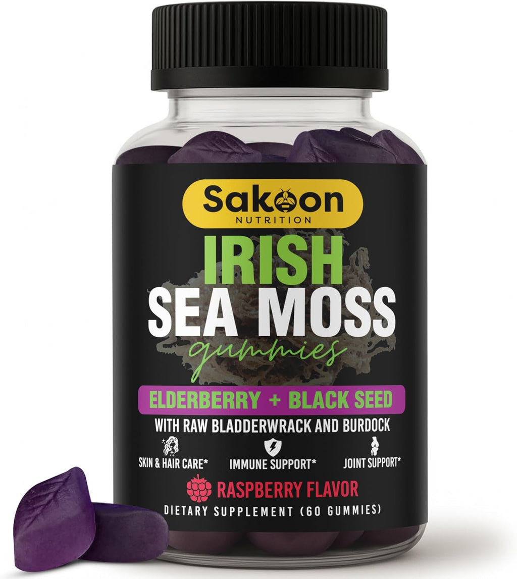 Sakoon nutrition - Gominolas de Musgo de Mar Irlandés con Saúco y Aceite de Semilla Negra, Sabor Frambuesa, 60 ud.