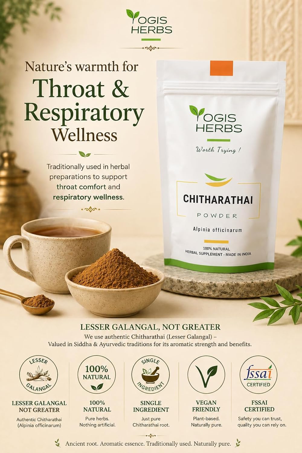 YOGIS HERBS Chitharathai en Polvo – Alpinia Officinarum (Kulanjan) – 100% Puro
