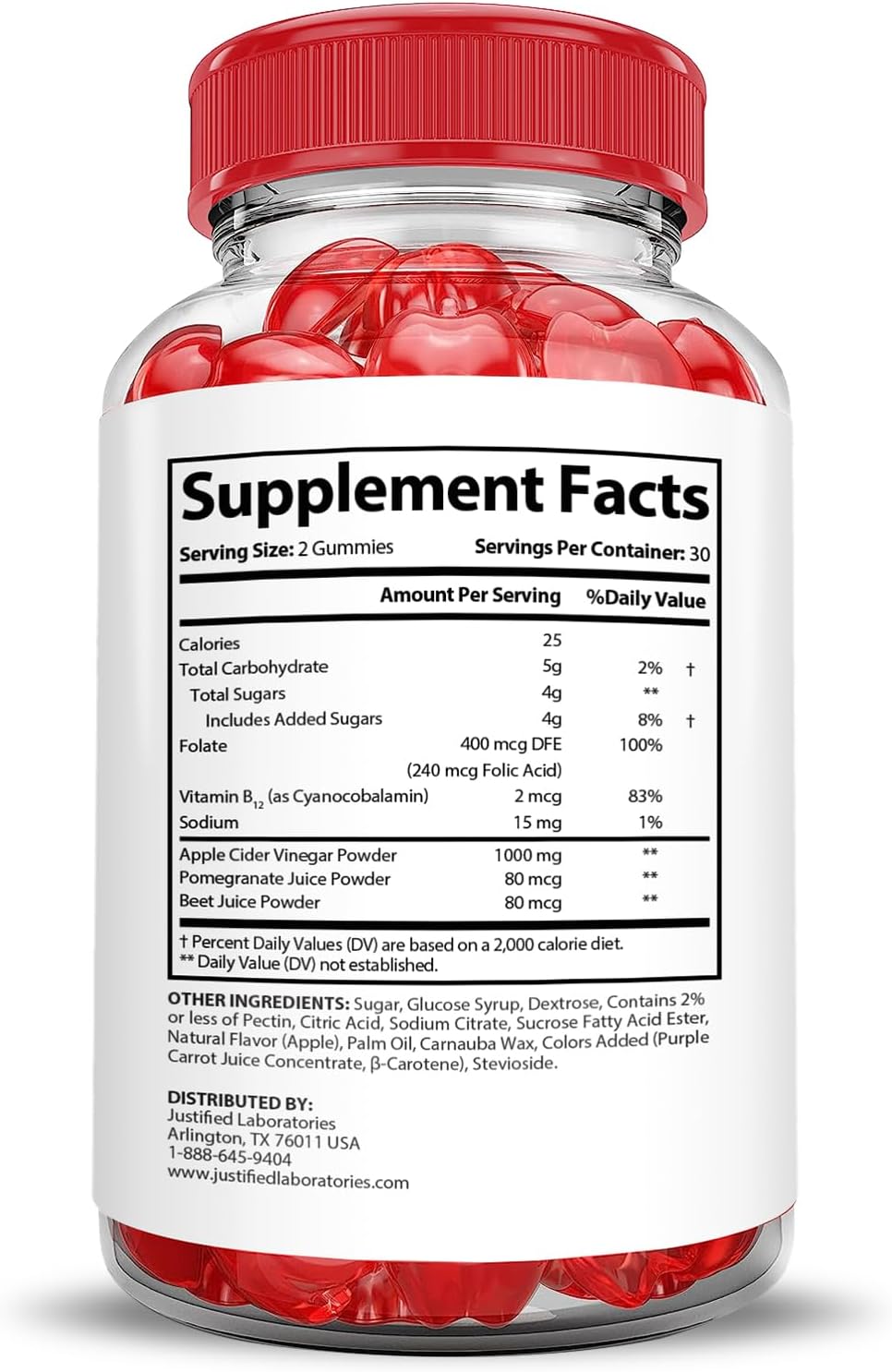 Justified Laboratories Vital Grow XL Gummies (1000 mg) - 60 Gomitas, Pack de 2 - con Vinagre de Manzana, Folato y Vitamina B12 - No GMO, Vegano, Sin Gluten - 60 Porciones