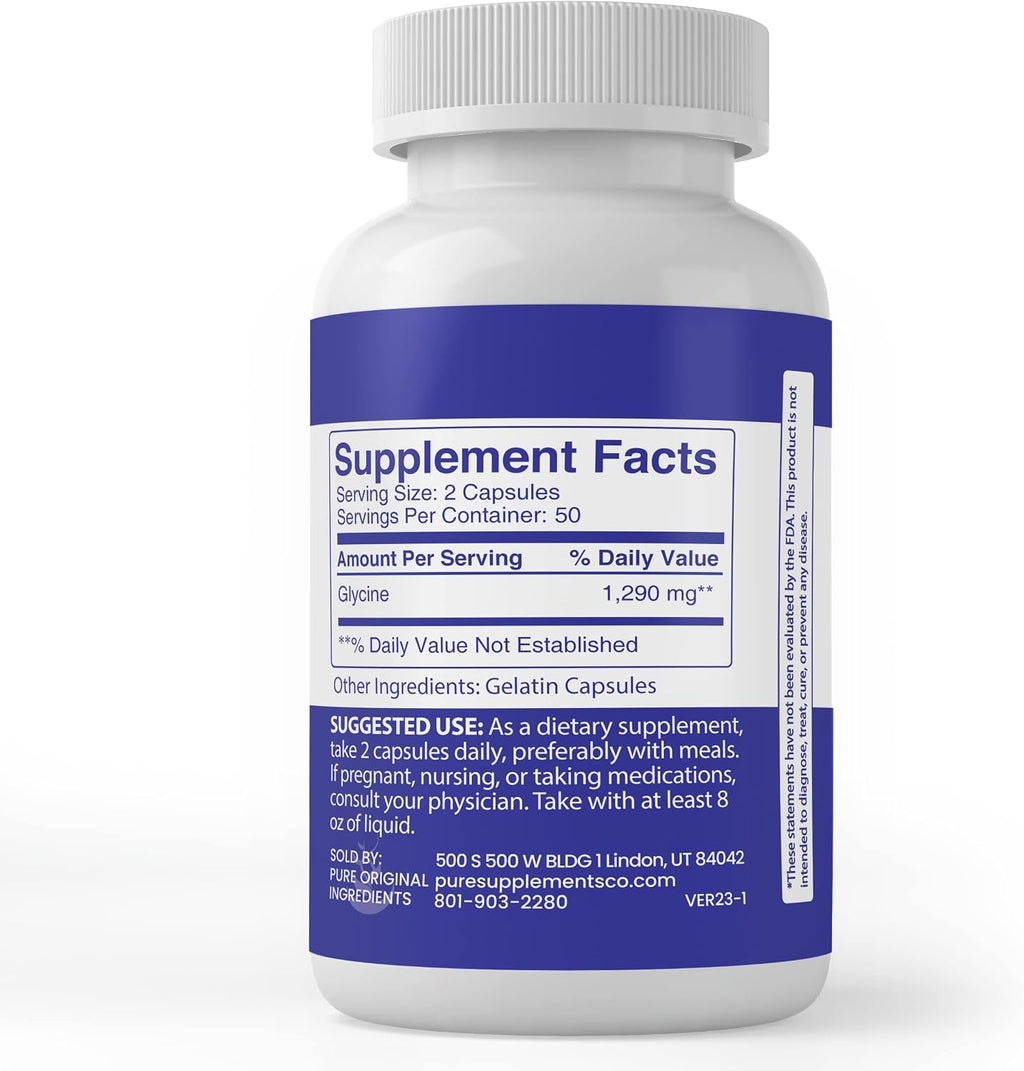 PURE ORIGINAL INGREDIENTS Glycine - 100 Cápsulas - Puro, Sin Aditivos ni Rellenos, Verificado en Laboratorio