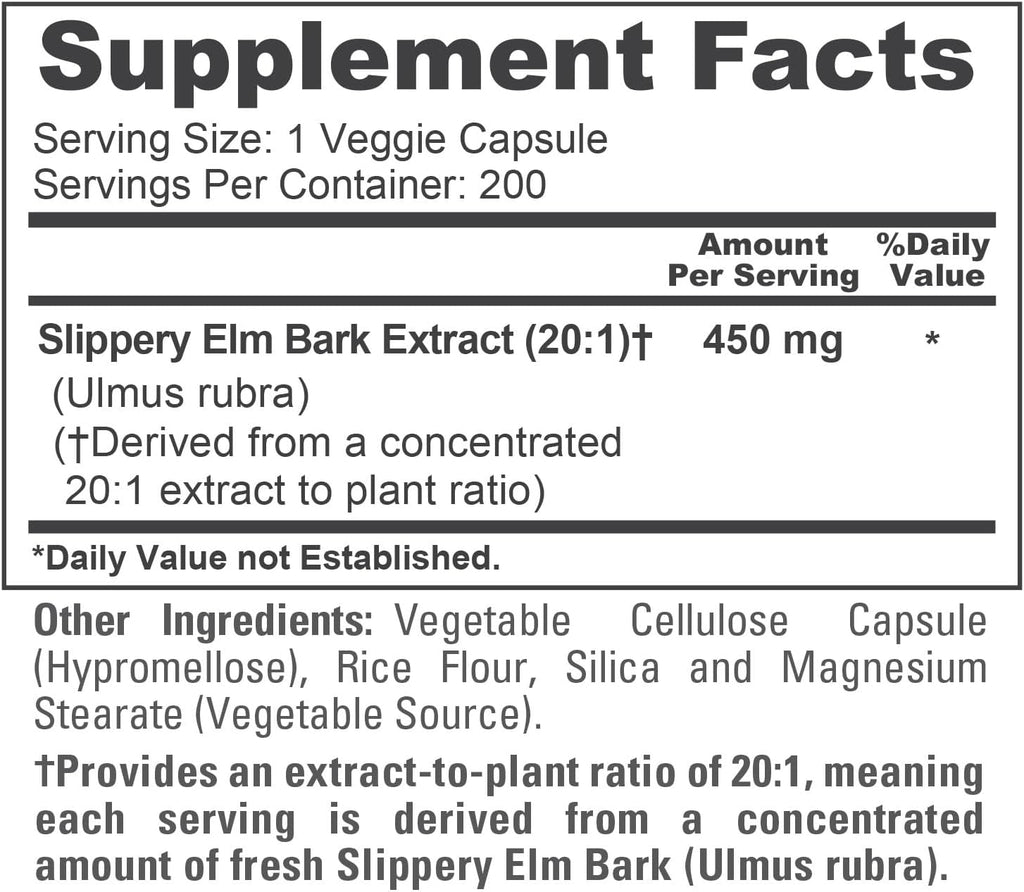 NusaPure Cápsulas de Corteza de Olmo Americano, 450 mg, 200 Cápsulas Vegetales (No OGM, Vegano)