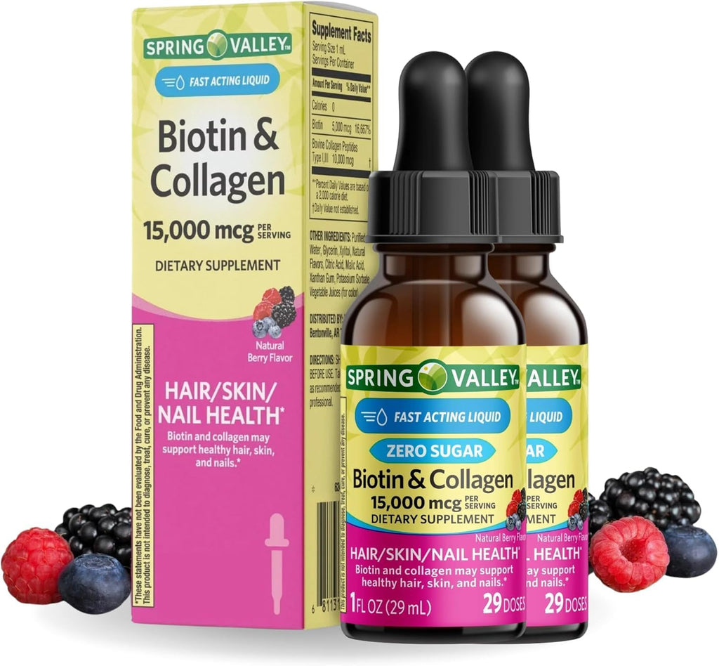 Biotina y Colágeno Líquido 15000μg, Sabor Natural a Bayas, Gotas para Cabello, Piel y Uñas (Pack de 2)