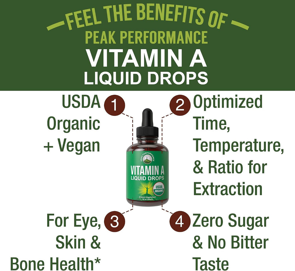 Peak Performance Gotas Líquidas Orgánicas de Vitamina A - Suplemento Vegano con Retinil Palmitato de Alta Biodisponibilidad - Sin Gluten, Sin Azúcar - 30 ml