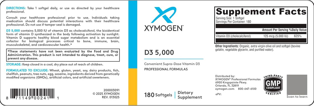XYMOGEN D3 5000 - Vitamina D3 5000 UI (125 mcg) - 180 Cápsulas Blandas
