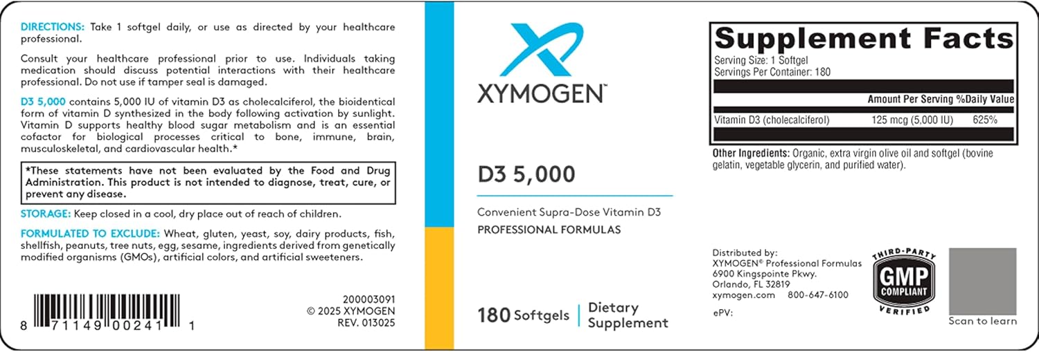 XYMOGEN D3 5000 - Vitamina D3 5000 UI (125 mcg) - 180 Cápsulas Blandas