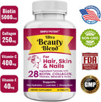 Simply Potent Vitaminas para Piel, Cabello y Uñas - 28 Ingredientes, Biotina 5000mcg, Queratina, MSM, Colágeno, Ácido Hialurónico - 60 Comprimidos