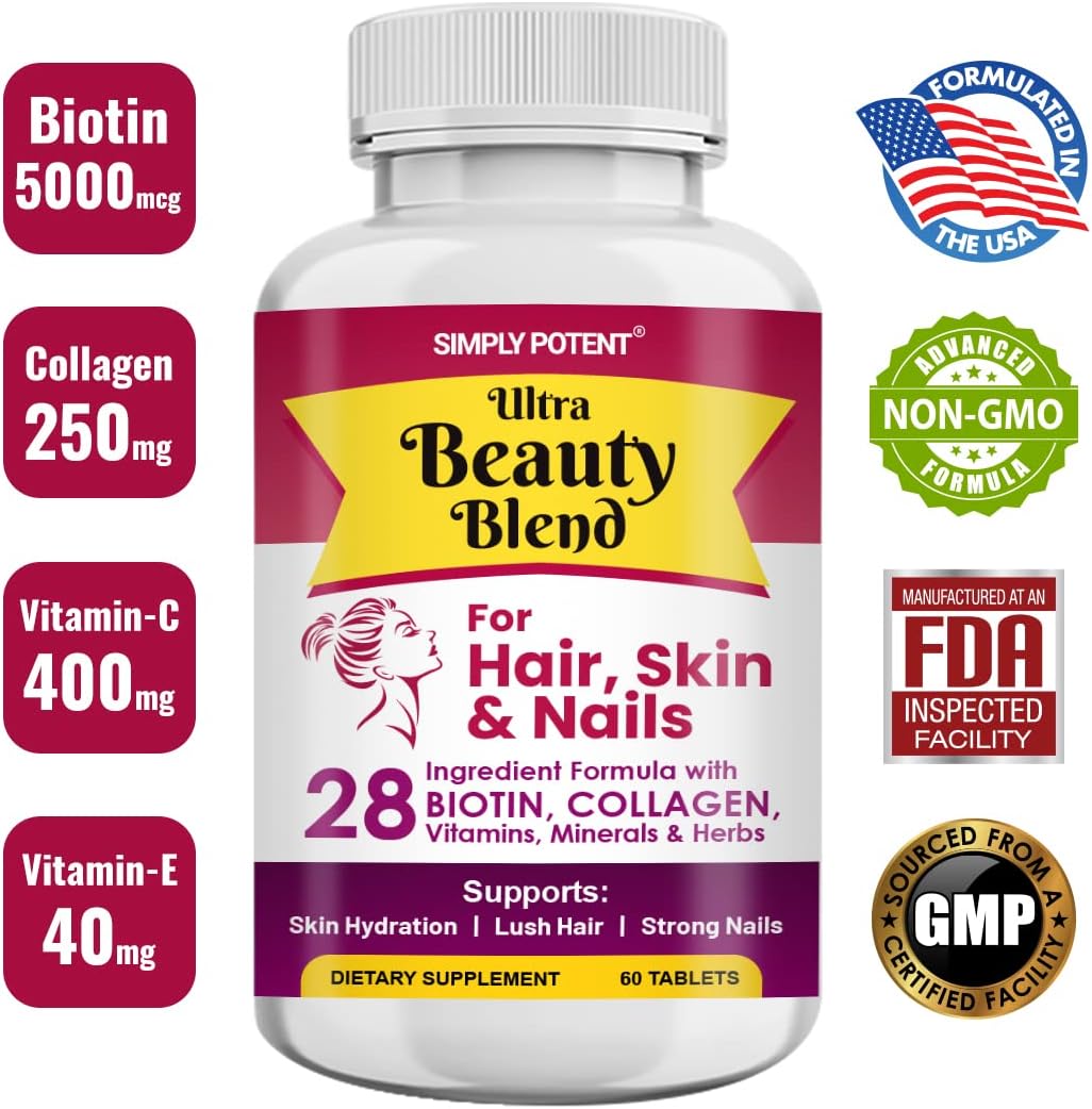 Simply Potent Vitaminas para Piel, Cabello y Uñas - 28 Ingredientes, Biotina 5000mcg, Queratina, MSM, Colágeno, Ácido Hialurónico - 60 Comprimidos