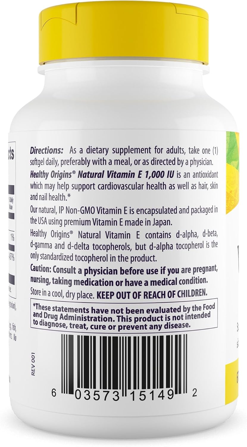 Healthy Origins Vitamina E, 1.000 UI (Natural) Tocoferoles Mixtos - 60 Cápsulas Blandas