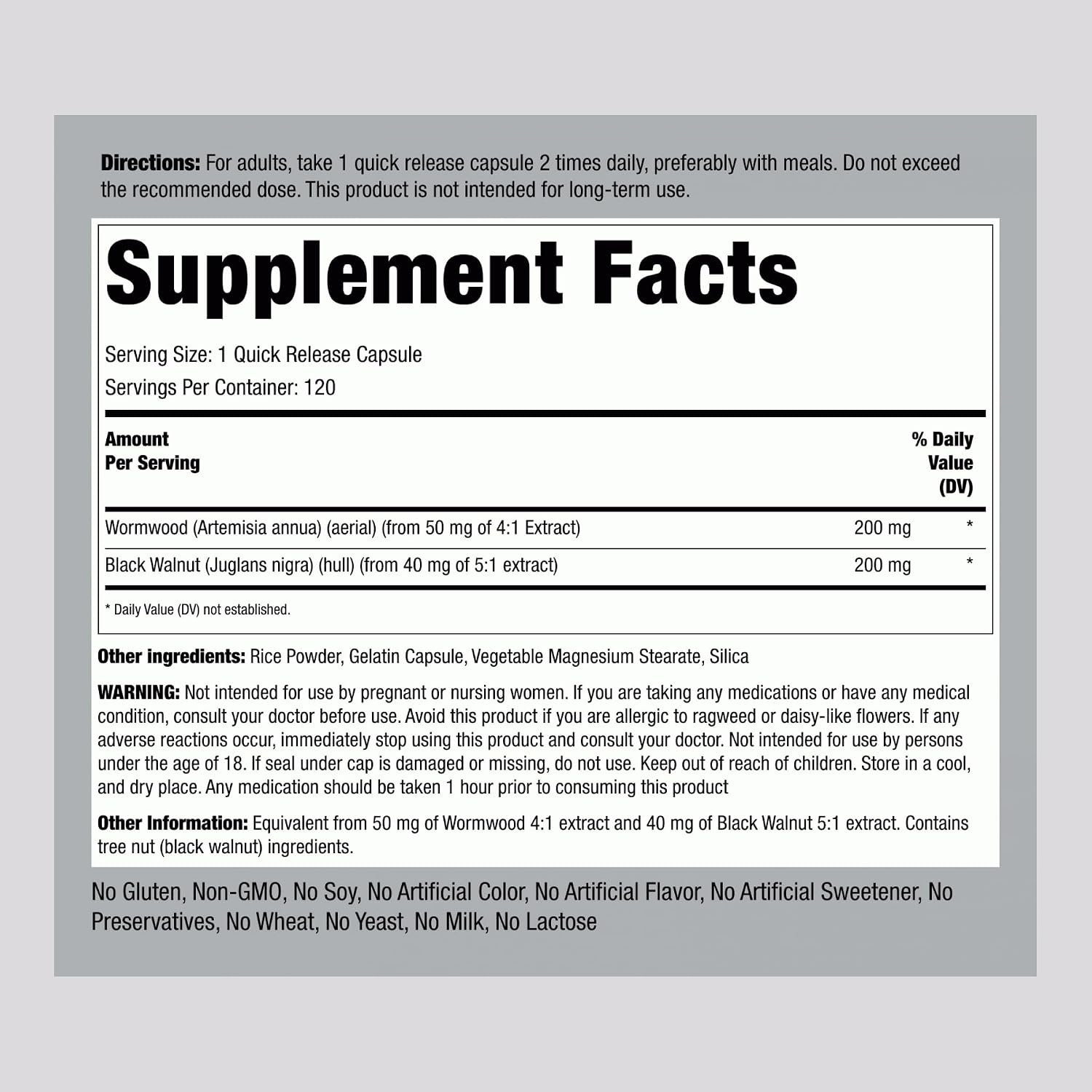 Piping Rock Wormwood & Black Walnut Capsules | 120 Capsules
