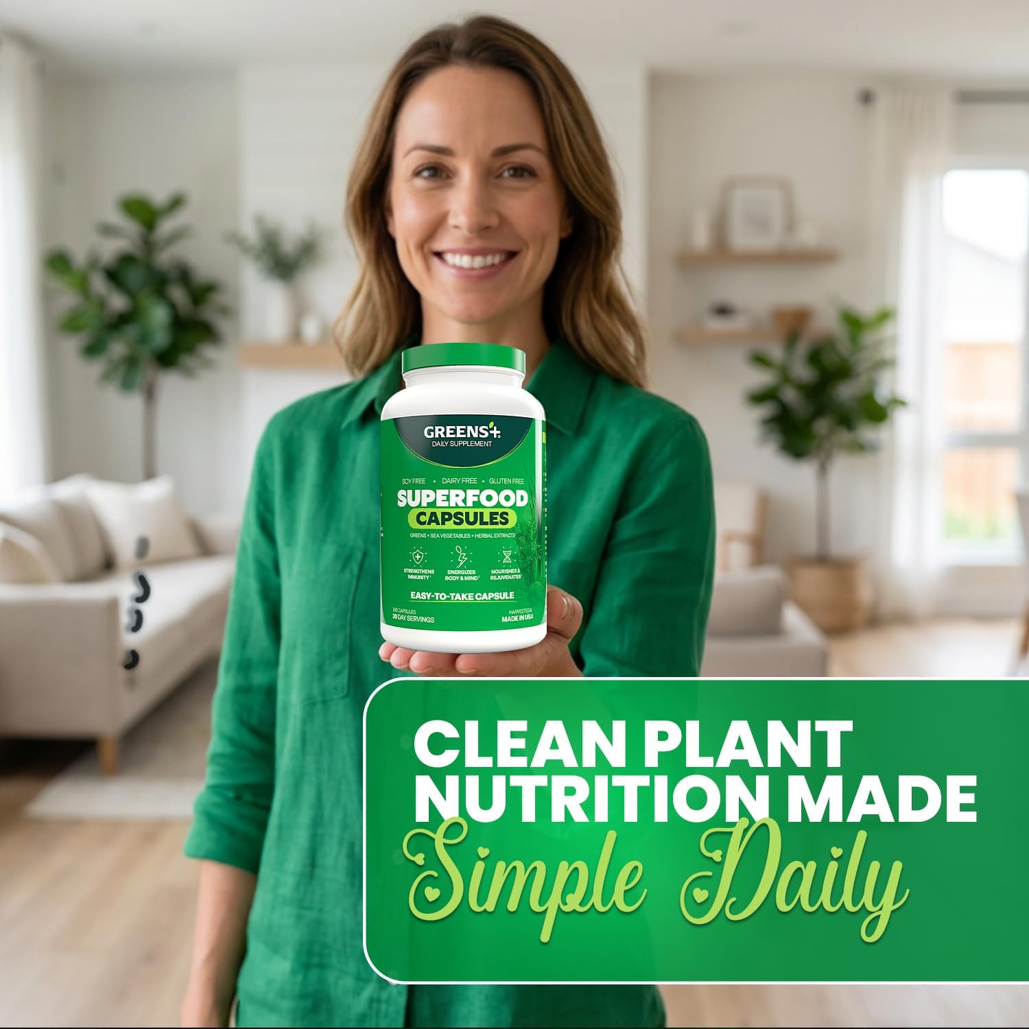 Greens+ Cápsulas de Superalimentos Orgánicos - Espirulina y Clorela Orgánicas con Alfalfa y Pasto de Trigo - 240 Cápsulas