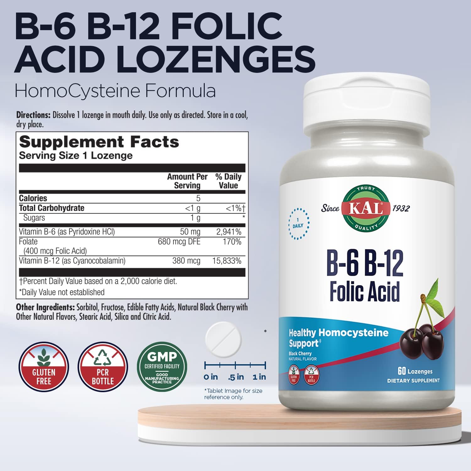 KAL Vitamina B-6 B-12 Ácido Fólico, 60 Pastillas - Metilcobalamina, Folato, Sin Gluten, Sabor Cereza Natural