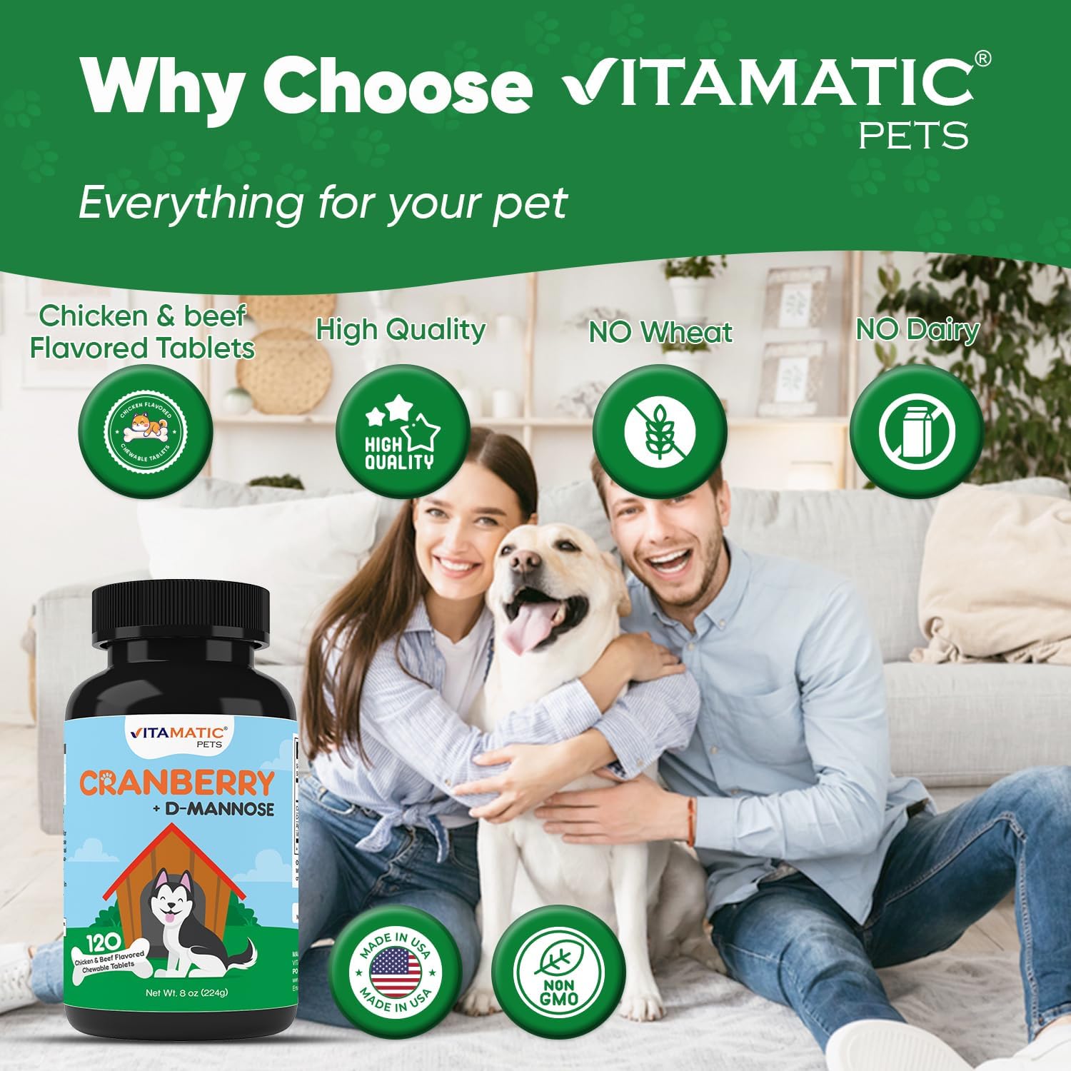 Vitamatic Cranberry para Perros – 120 Comprimidos Masticables – con D-Manosa, Vinagre de Manzana y Vitamina C – Apoyo para el Tracto Urinario y la Vejiga