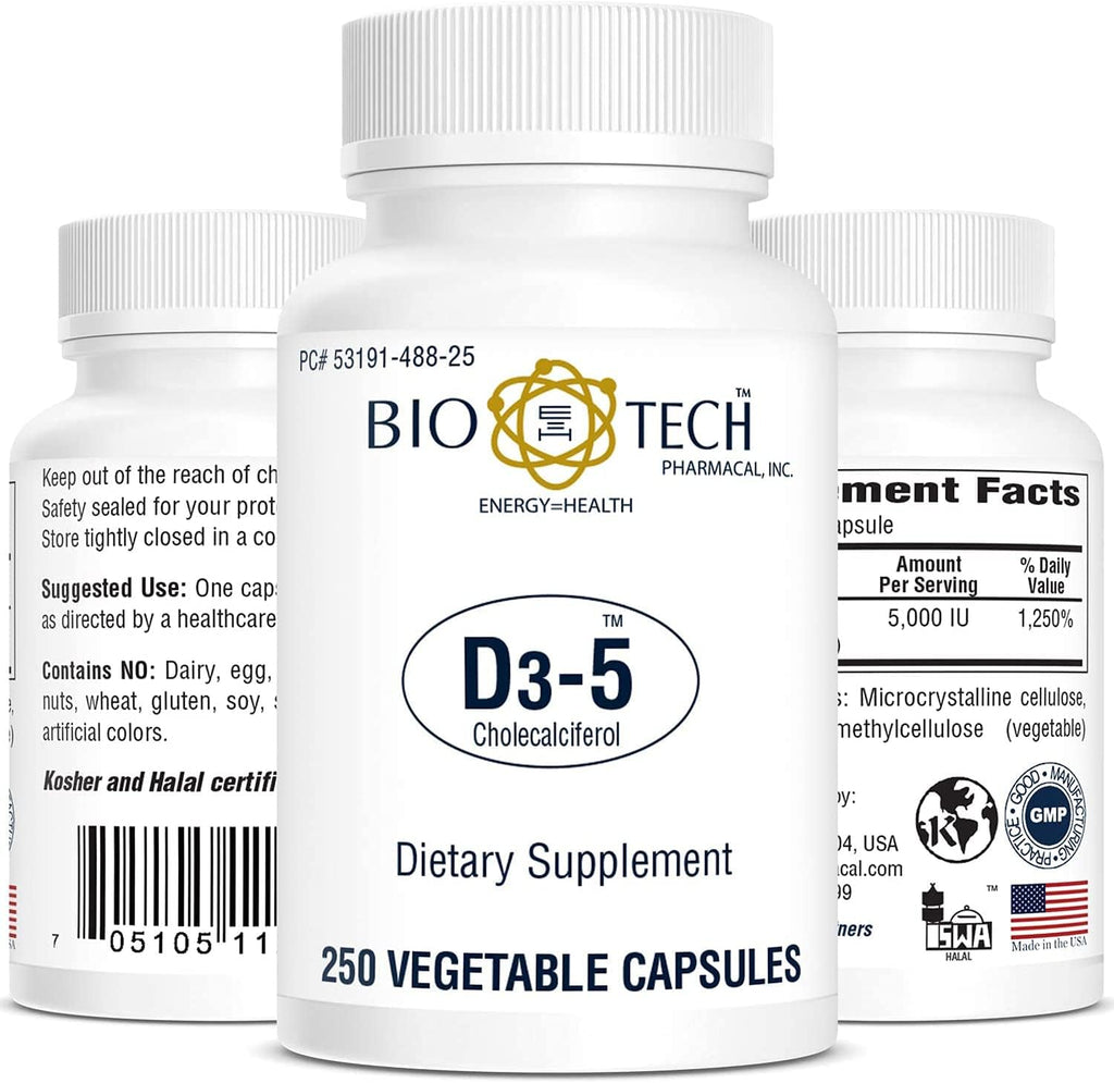 Bio-Tech Pharmacal D3-5 (5000 UI), 250 Cápsulas Vegetales – Suplemento Dietético Natural – Apoya la Salud Ósea e Inmunológica – Sin Lácteos, Pescado, Gluten, Cacahuetes, Mariscos y Soja