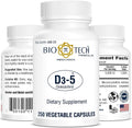 Bio-Tech Pharmacal D3-5 (5000 UI), 250 Cápsulas Vegetales – Suplemento Dietético Natural – Apoya la Salud Ósea e Inmunológica – Sin Lácteos, Pescado, Gluten, Cacahuetes, Mariscos y Soja