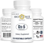 Bio-Tech Pharmacal D3-5 (5000 UI), 250 Cápsulas Vegetales – Suplemento Dietético Natural – Apoya la Salud Ósea e Inmunológica – Sin Lácteos, Pescado, Gluten, Cacahuetes, Mariscos y Soja