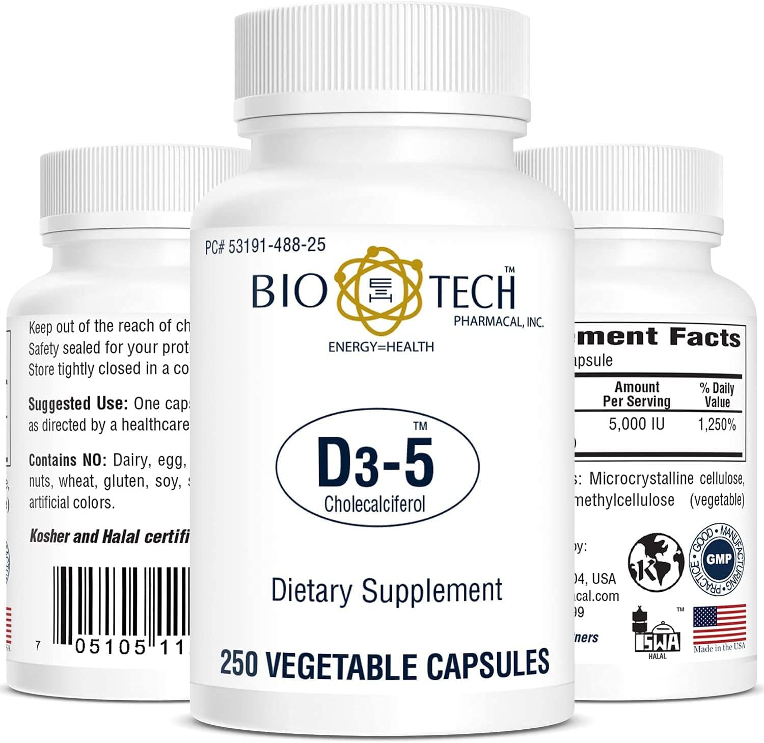 Bio-Tech Pharmacal D3-5 (5000 UI), 250 Cápsulas Vegetales – Suplemento Dietético Natural – Apoya la Salud Ósea e Inmunológica – Sin Lácteos, Pescado, Gluten, Cacahuetes, Mariscos y Soja
