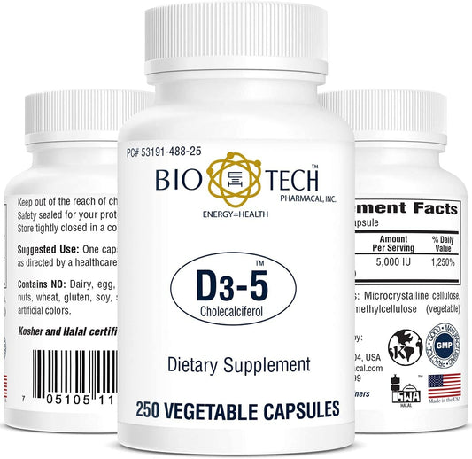 Bio-Tech Pharmacal D3-5 (5000 UI), 250 Cápsulas Vegetales – Complemento Alimenticio Natural – Apoya la Salud Ósea e Inmunitaria – Sin Lácteos, Pescado, Gluten, Cacahuetes, Mariscos y Soja