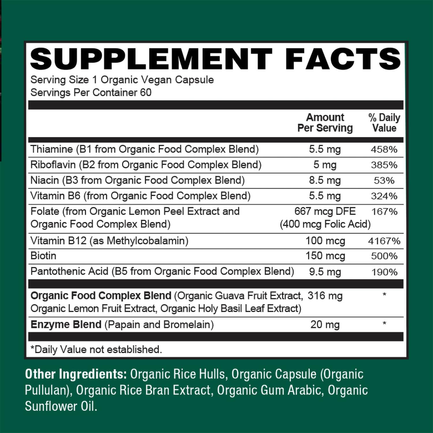 PlantFusion Organic Vitamin B-Complex, Suplemento Vegano de Alimentos Integrales para Energía y Metabolismo, B12 Metilada, Guayaba, Limón y Albahaca, No-GMO, Sin Gluten - 60 Cápsulas