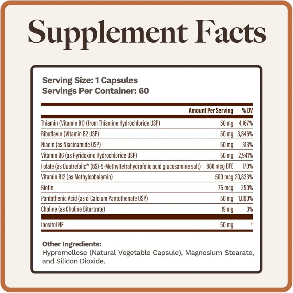 Utzy Naturals Complejo B | Vitaminas B Esenciales con Colina e Inositol | 60 Cápsulas