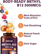 Vitacook Vitamina B12 Sublingual, Metilcobalamina 5000mcg, 120 Comprimidos de Disolución Rápida, Sabor Melocotón Natural, Vegano, Sin Azúcar