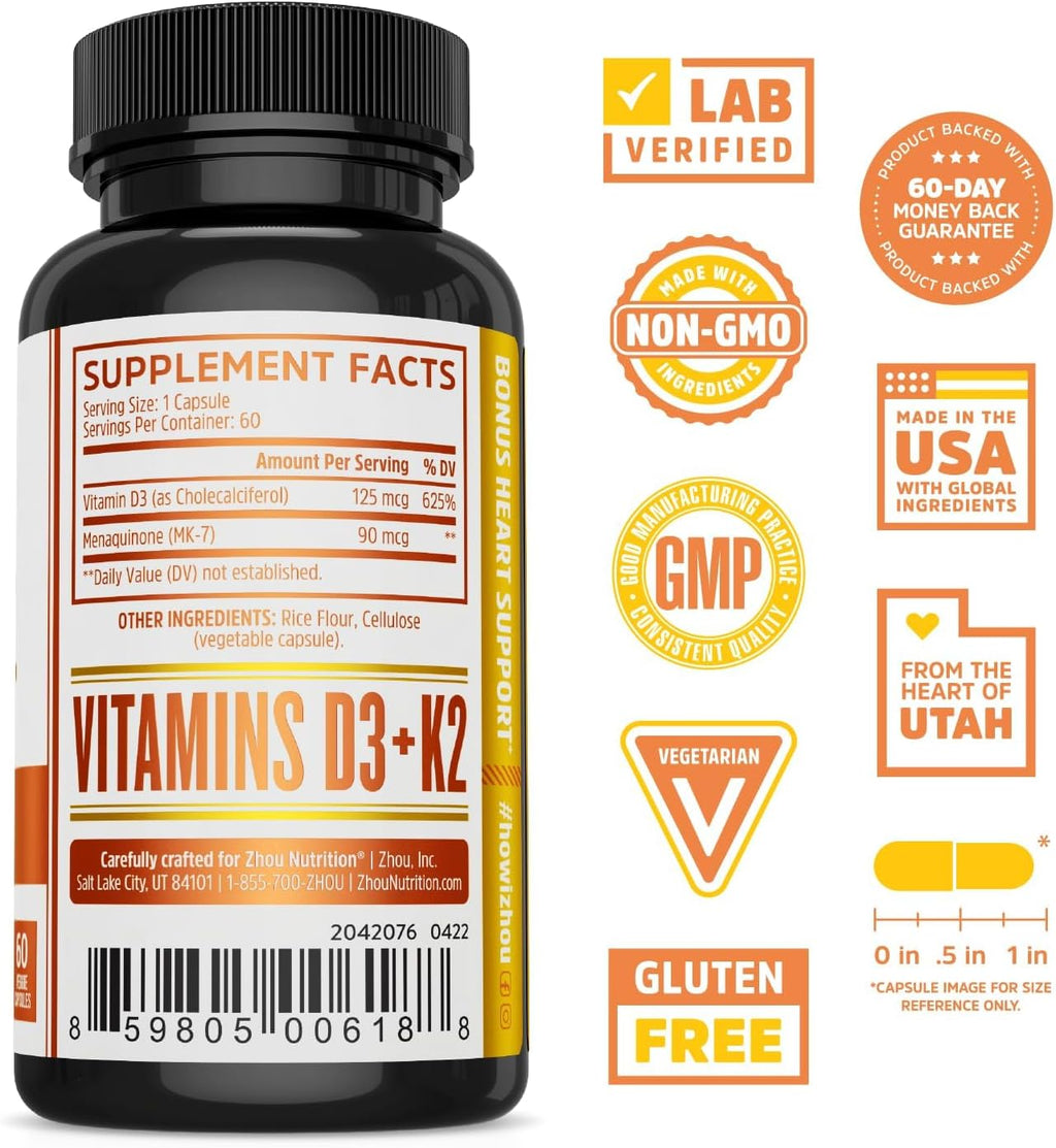Zhou D3+K2 - Suplemento de Vitamina D3 y K2, 5000 UI D3 y 90 mcg MK-7, 60 Cápsulas Vegetales