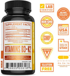 Zhou D3+K2 - Suplemento de Vitamina D3 y K2, 5000 UI D3 y 90 mcg MK-7, 60 Cápsulas Vegetales