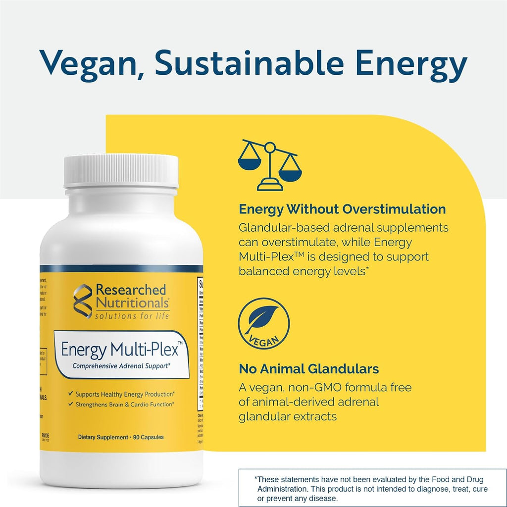 Energy Multi-Plex de Researched Nutritionals - Suplemento Energético Vegano con 14 Ingredientes (90 Cápsulas)