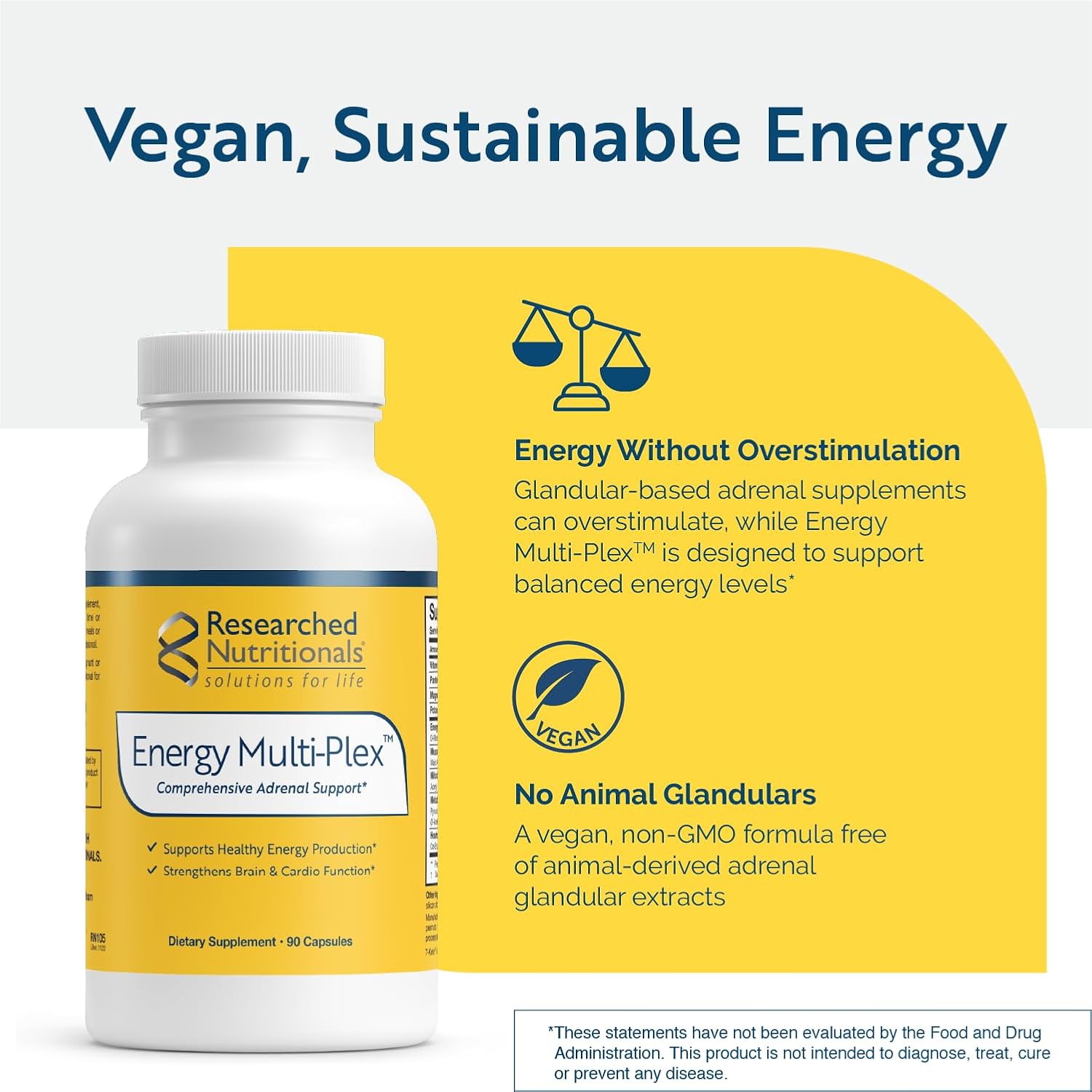 Energy Multi-Plex de Researched Nutritionals - Suplemento Energético Vegano con 14 Ingredientes (90 Cápsulas)