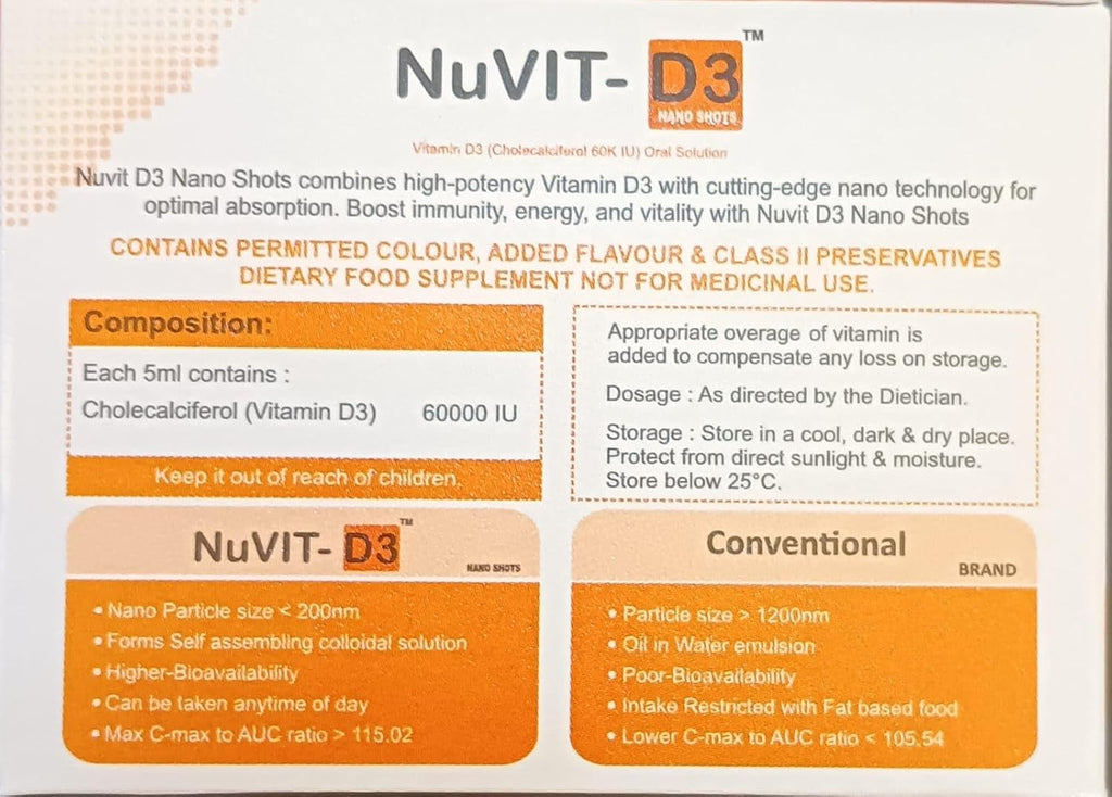 Nuvit D3 Vitamina D3 60000 IU Nano Shots - 8 unidades de 5 ml (Sabor Naranja Sin Azúcar)