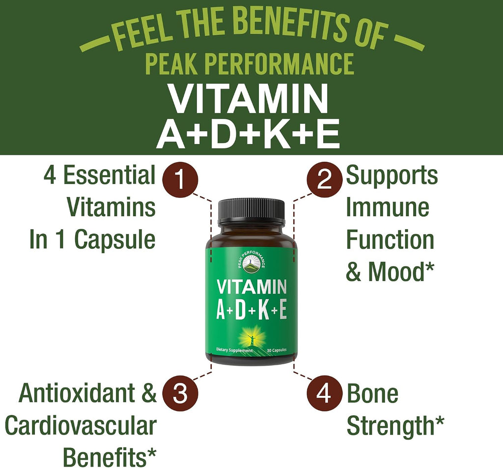Peak Performance Vitaminas A, D3, E, K – 5.000 UI D3 – Cápsula Vegana – Apoyo para Huesos, Inmunidad y Visión