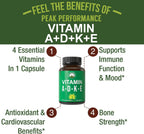 Peak Performance Vitaminas A, D3, E, K – 5.000 UI D3 – Cápsula Vegana – Apoyo para Huesos, Inmunidad y Visión