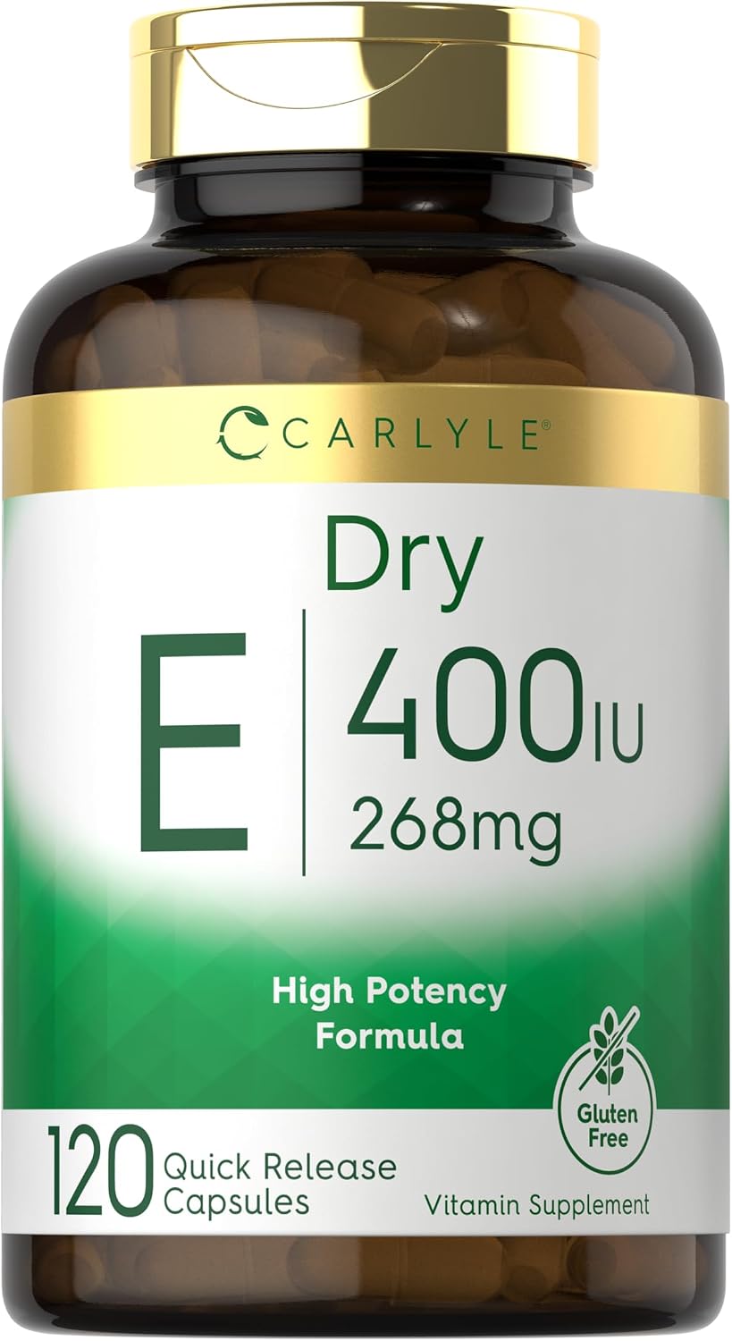 Carlyle Dry Vitamin E 400 UI | 120 Cápsulas | D-Alfa Tocoferilo | Fórmula de Alta Potencia | No-GMO y Sin Gluten