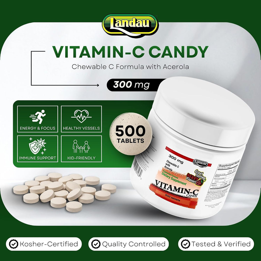 LANDAU 300mg Vitamina C Masticable con Acerola - 500 Comprimidos - Sabor a Baya - Kosher