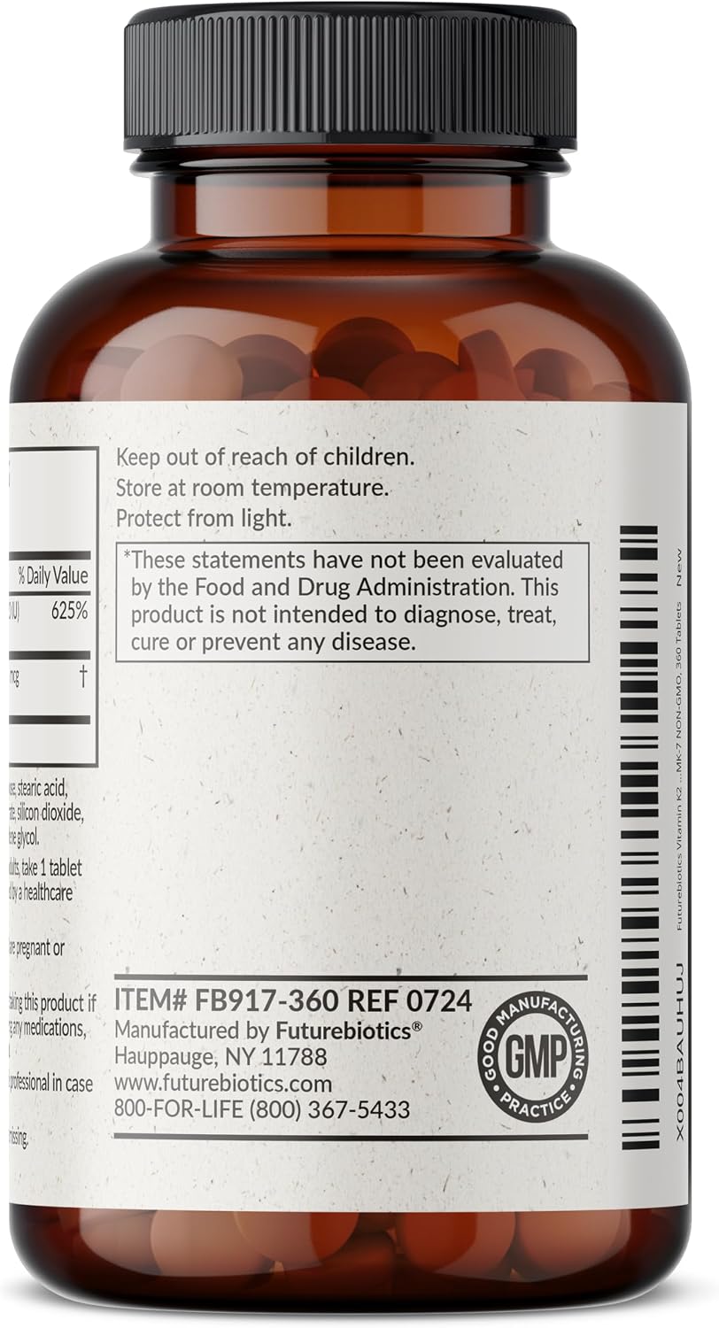Futurebiotics Vitamina K2 con D3, 5000 UI de Vitamina D3 y 90 mcg de Vitamina K2 MK-7, 360 comprimidos