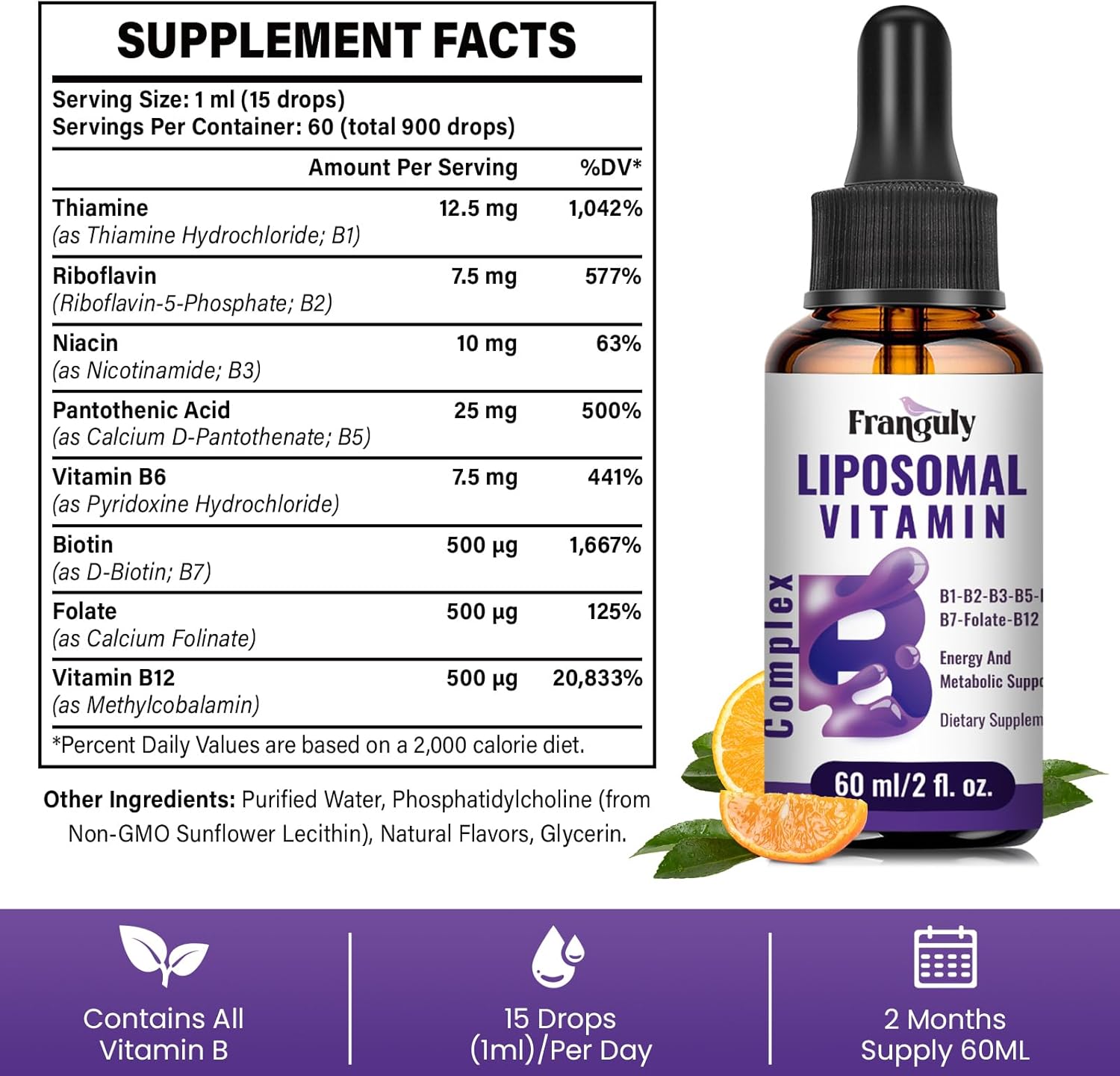 Complejo B Liposomal Líquido con B12 Metilada, B1, B2, B3, B5, B6, Folato, Biotina para Energía y Apoyo Inmunológico