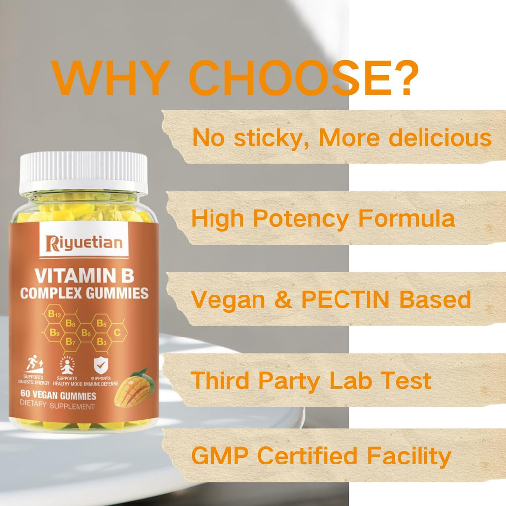 Complejo B Gummies con Biotina, Colina, Inositol, Vitamina C y Zinc - Sabor Mango - 120 Gominolas Veganas