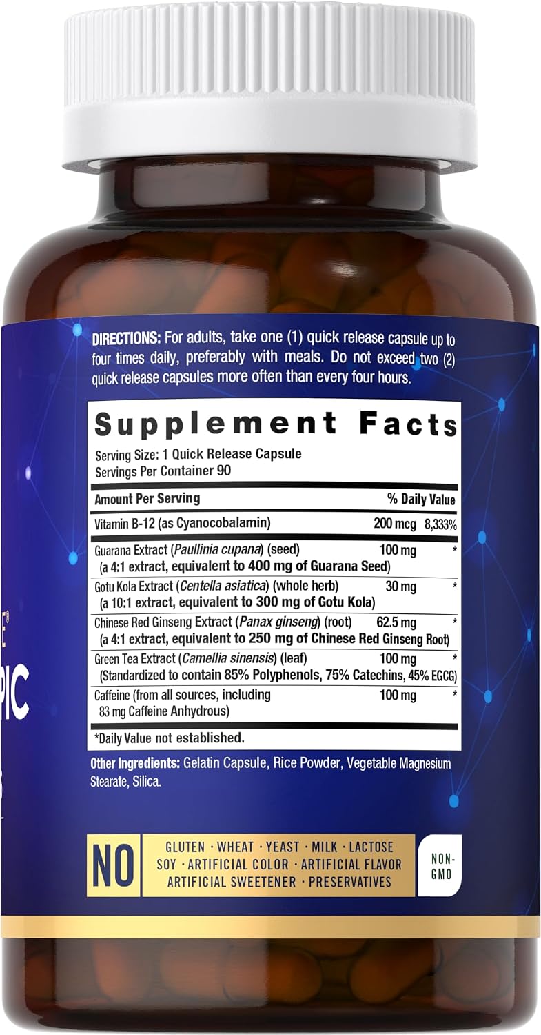 Carlyle Brain Nootropic Supplement | 90 Cápsulas | con Cafeína, B12 y Extracto de Guaraná | No-GMO y Sin Gluten