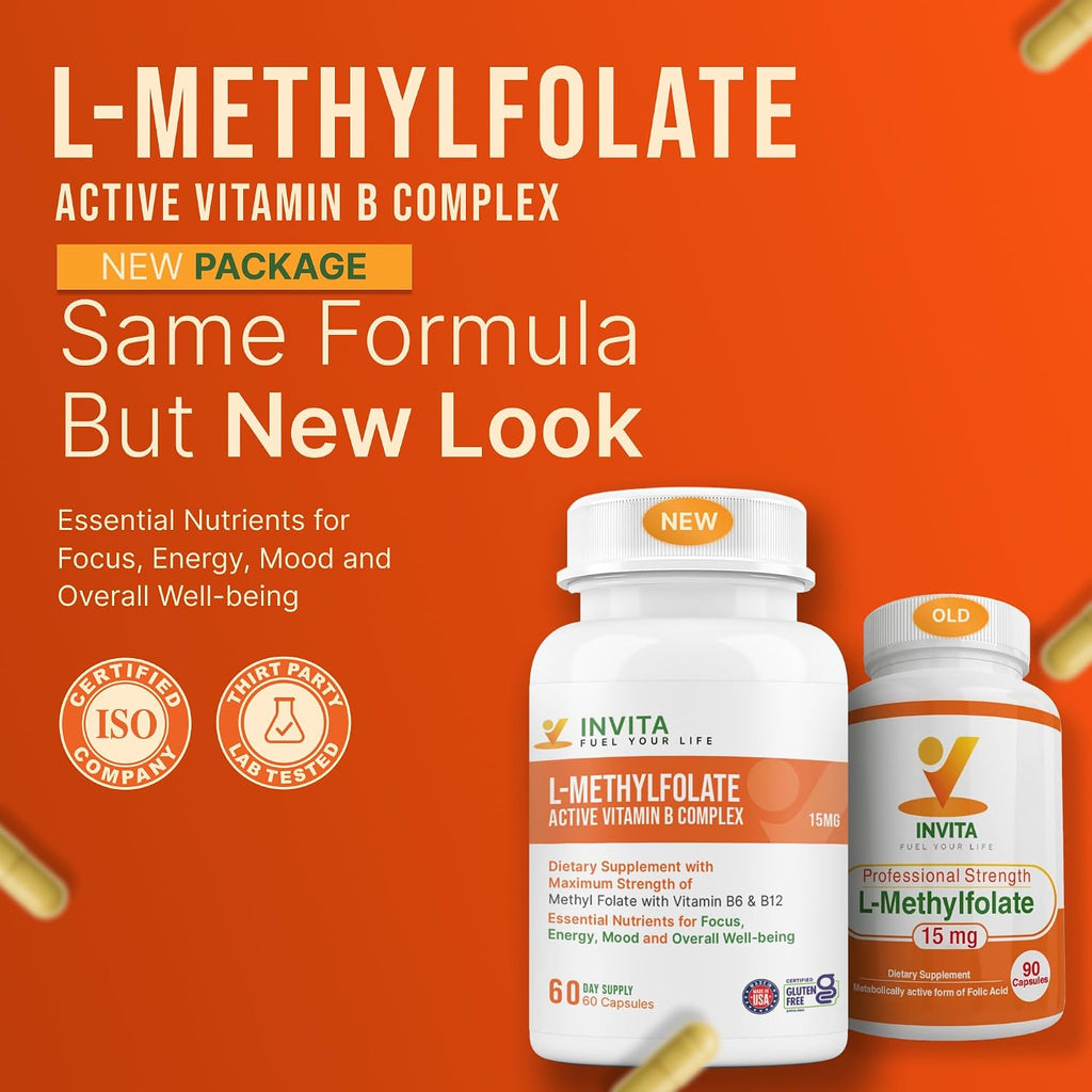 INVITA L-Metilfolato 15mg + Complejo B Activo – 60 Cápsulas – Suplemento con B6 y B12 Metilcobalamina