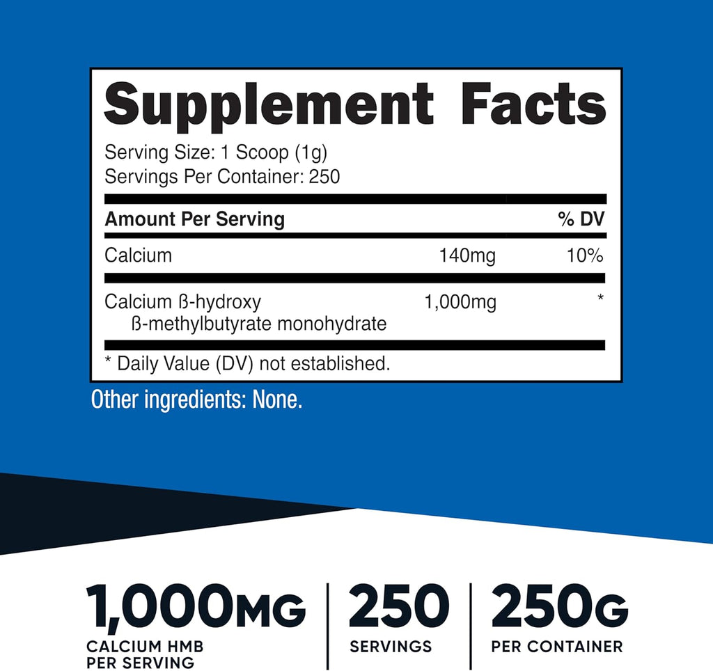 Polvo de HMB (Beta-Hidroxi Beta-Metilbutirato) de Nutricost, 250 Gramos - Sin Gluten y No GMO