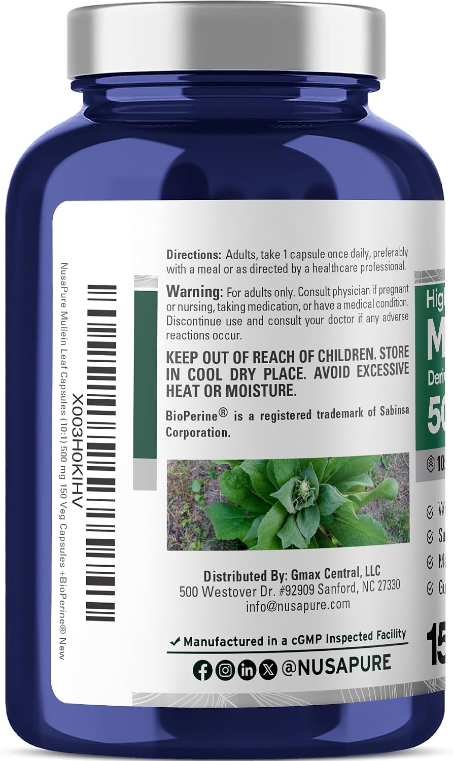 NusaPure Cápsulas de Hoja de Gordolobo, 500 mg, 150 Cápsulas Vegetales (No OGM, Vegano)