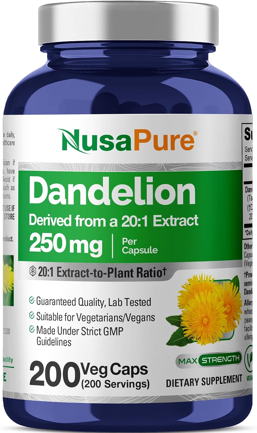 NusaPure Raíz de Diente de León, 250 mg, 200 Cápsulas Veganas (No-GMO, Vegano)