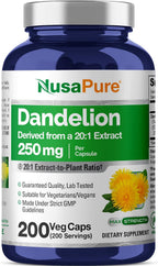 NusaPure Raíz de Diente de León, 250 mg, 200 Cápsulas Veganas (No-GMO, Vegano)