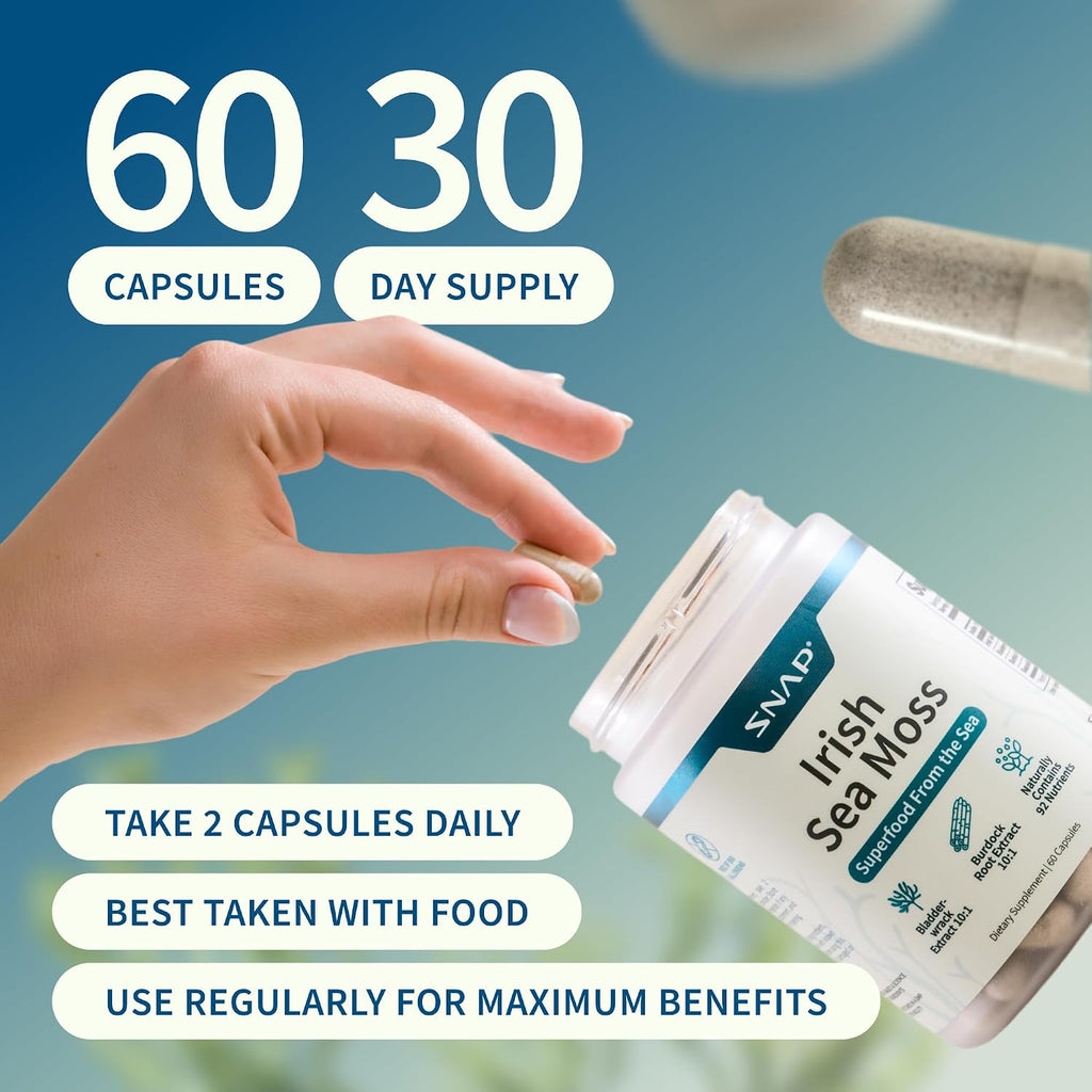 Snap Supplements Irish Sea Moss con Bladderwrack, Burdock Root y Yodo – 60 Cápsulas Veganas