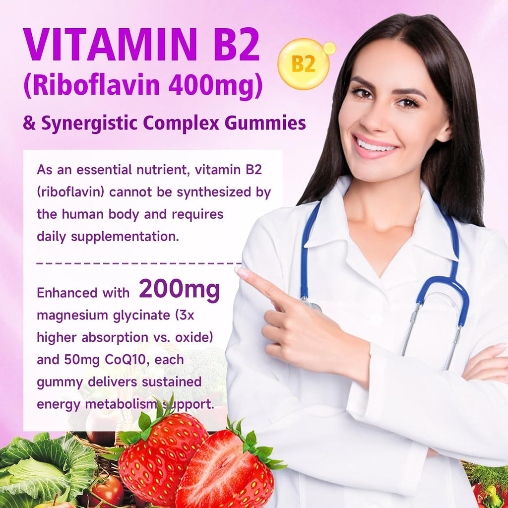 Gominolas de Vitamina B2 - Riboflavina 400 mg con Magnesio y CoQ10 - Sabor Fresa, 60 gominolas