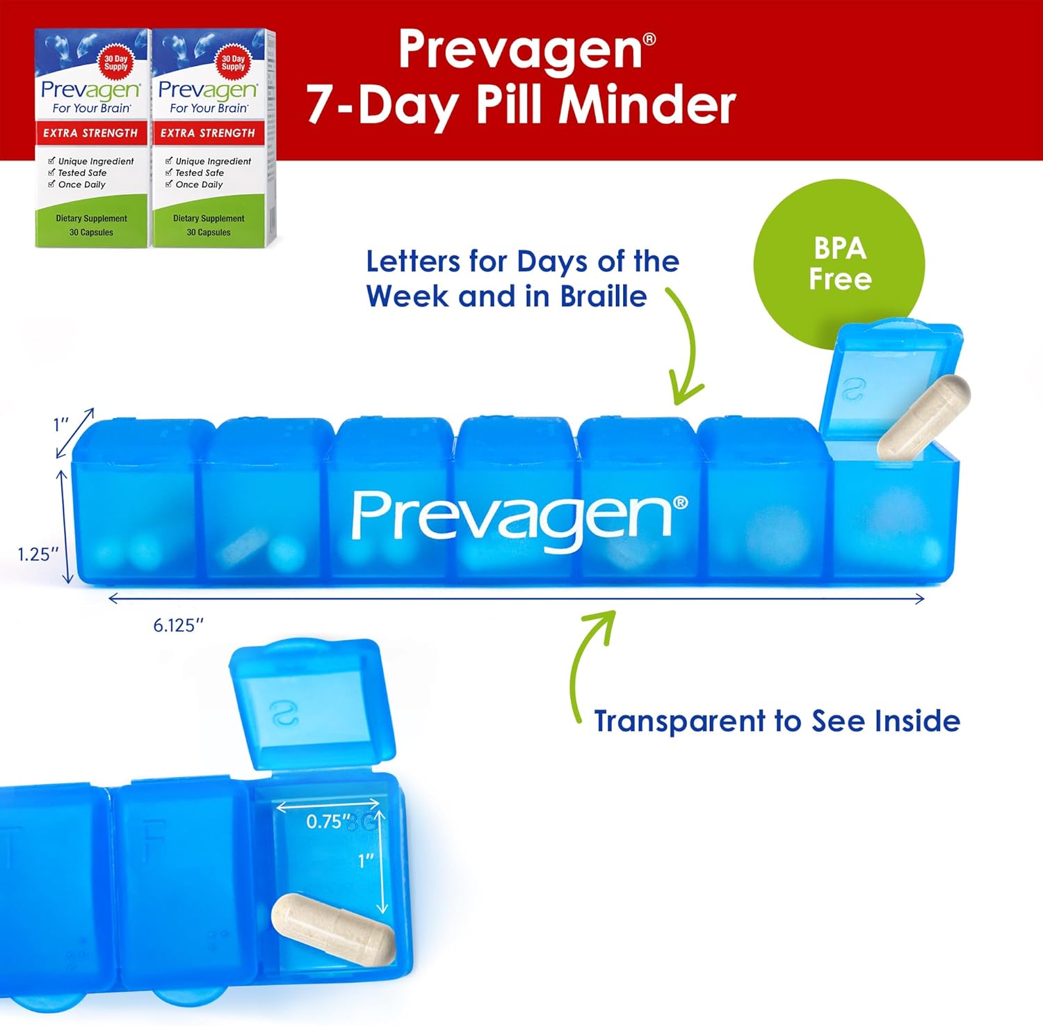Prevagen Extra Strength - 30 Cápsulas (2 Envases) - Formulado para tu Cerebro con 20mg de Apoaequorina y Vitamina D3 - Incluye Pastillero de 7 Días