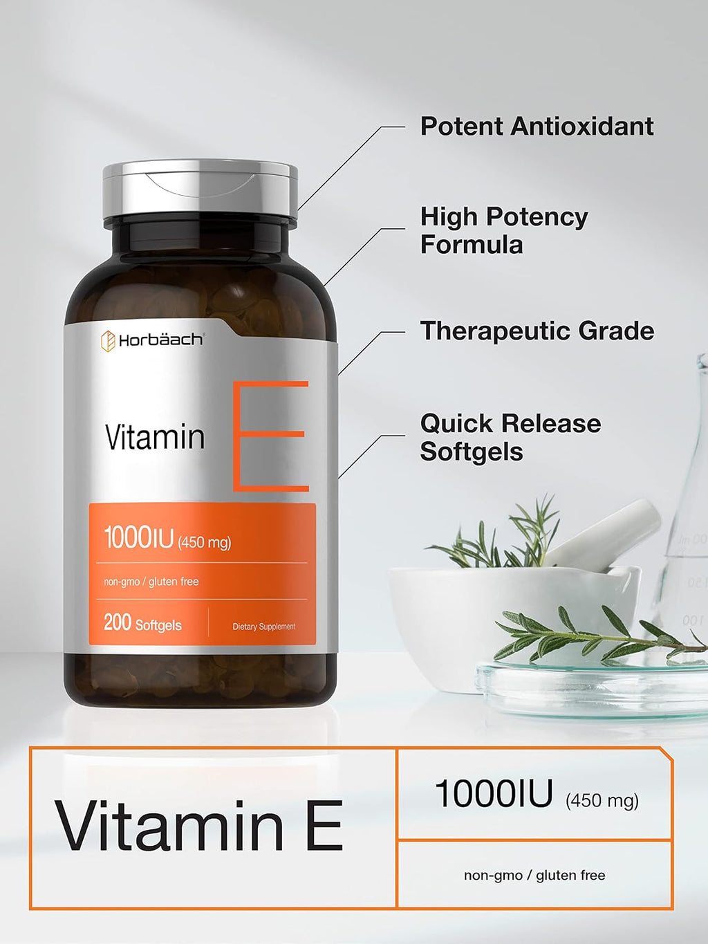 Horbäach Vitamina E 1000 IU Cápsulas Blandas, 200 Unidades