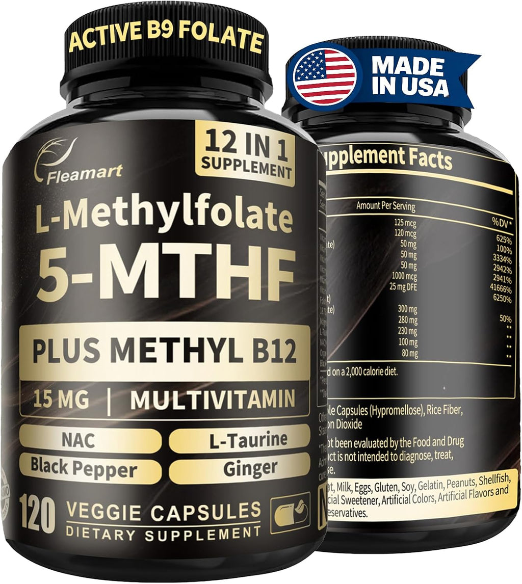 L-Metilfolato 15mg más Metil B12 - Complemento de Vitamina B9 Metilada (5-MTHF) para Salud Cerebral, Estado de Ánimo y Energía - Alta Absorción 12-en-1 - Probado por Terceros (120 Cápsulas Veganas)