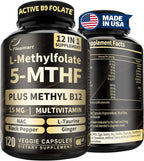 L-Metilfolato 15mg más Metil B12 - Complemento de Vitamina B9 Metilada (5-MTHF) para Salud Cerebral, Estado de Ánimo y Energía - Alta Absorción 12-en-1 - Probado por Terceros (120 Cápsulas Veganas)