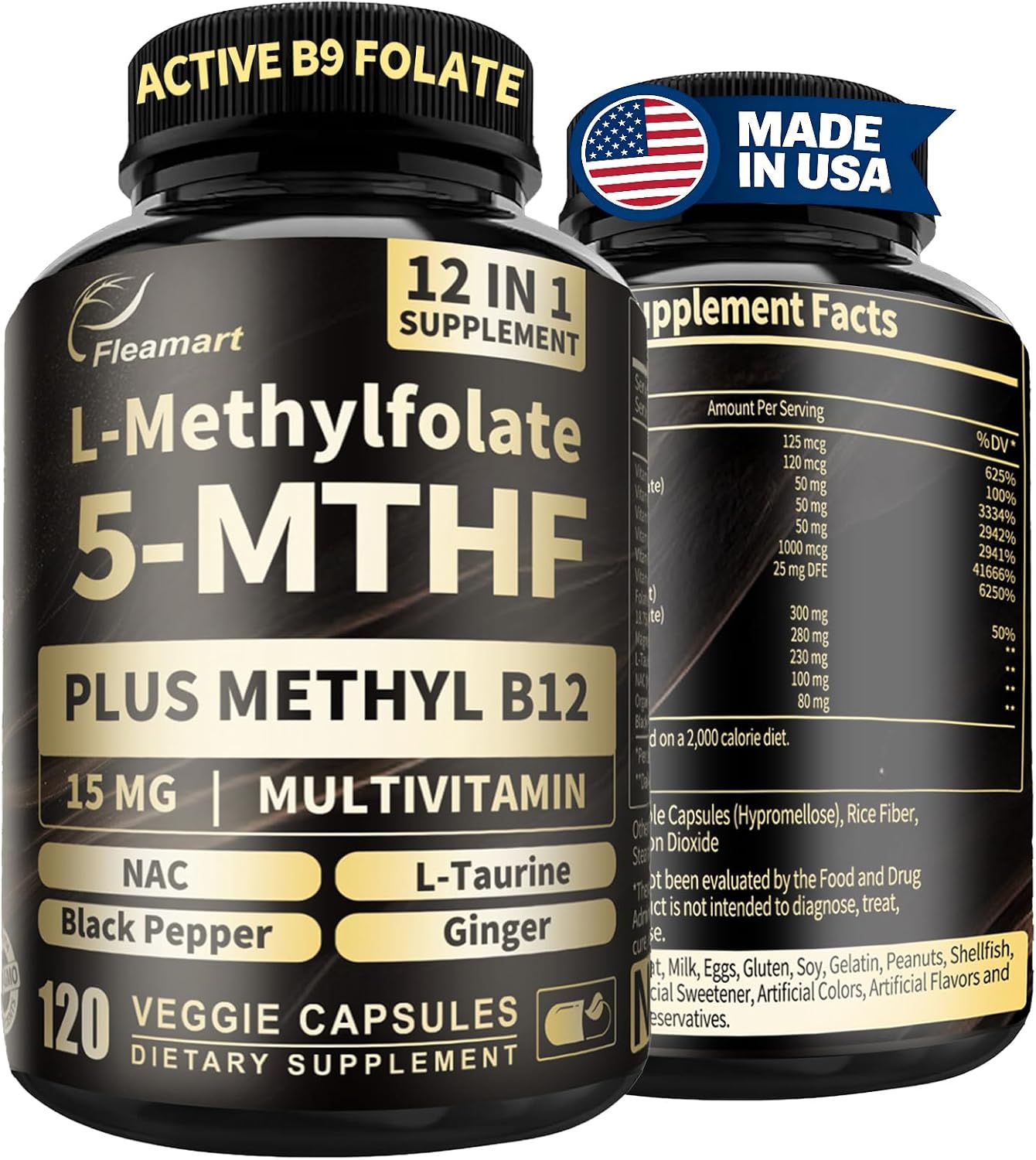 L-Metilfolato 15mg más Metil B12 - Complemento de Vitamina B9 Metilada (5-MTHF) para Salud Cerebral, Estado de Ánimo y Energía - Alta Absorción 12-en-1 - Probado por Terceros (120 Cápsulas Veganas)